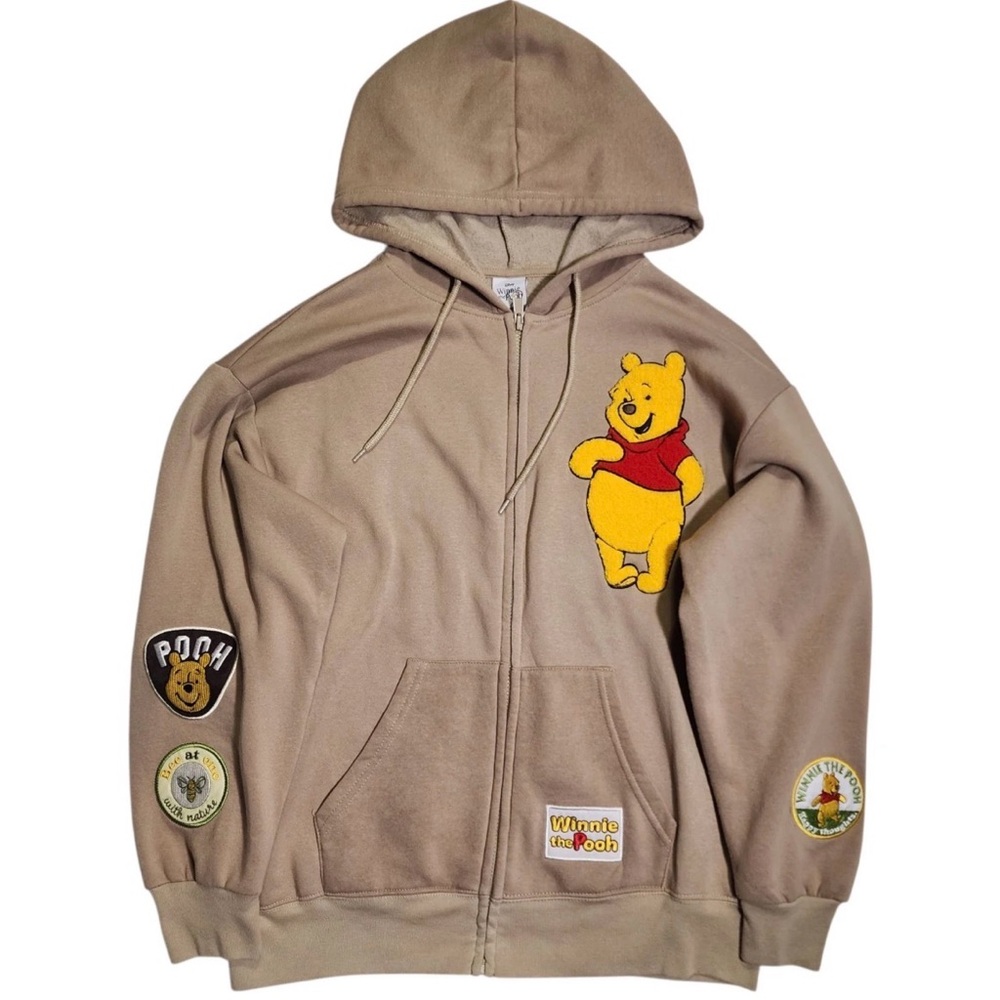 Disney Winnie The Pooh Full Zip Tan Hoodie Embroidered Patches‎ Small
